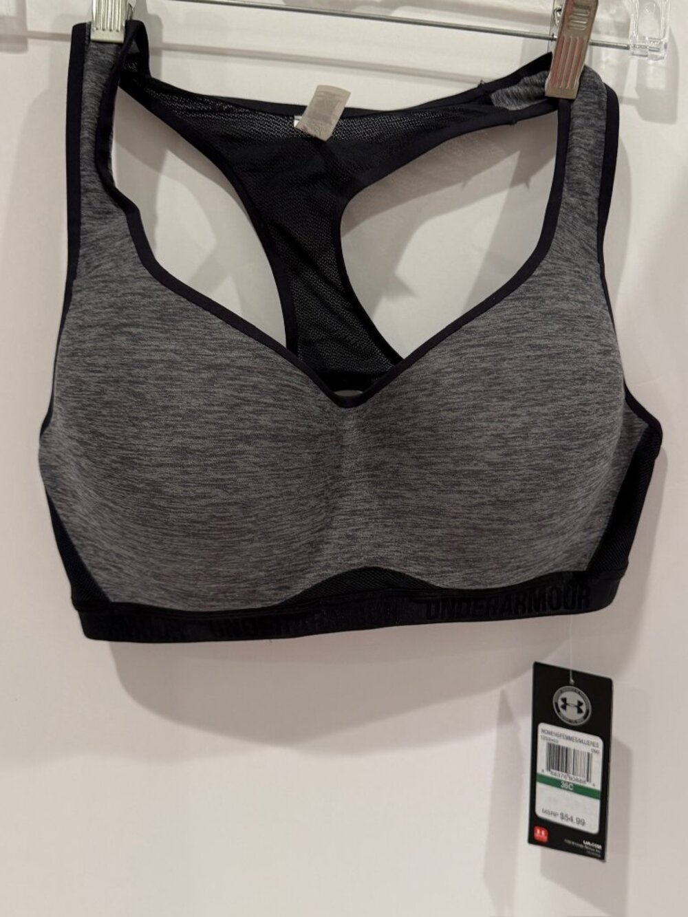Under Armour HeatGear Sports Bra 36C Gray Black Racerback High Impact NWT